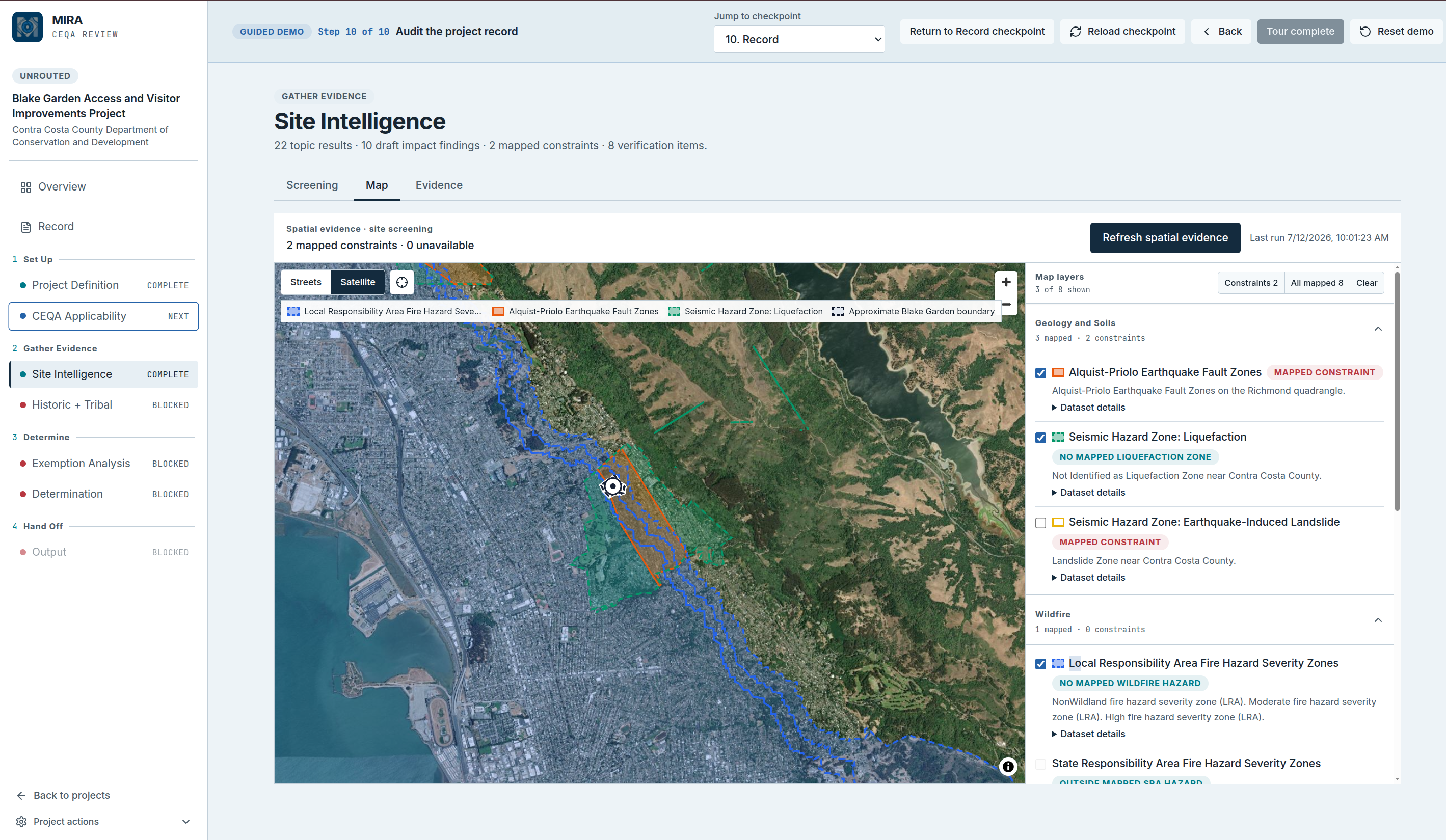 MIRA Site Intelligence map showing mapped environmental constraints for a project site