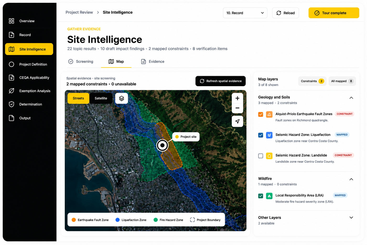 MIRA site intelligence map showing mapped environmental constraints for a project site
