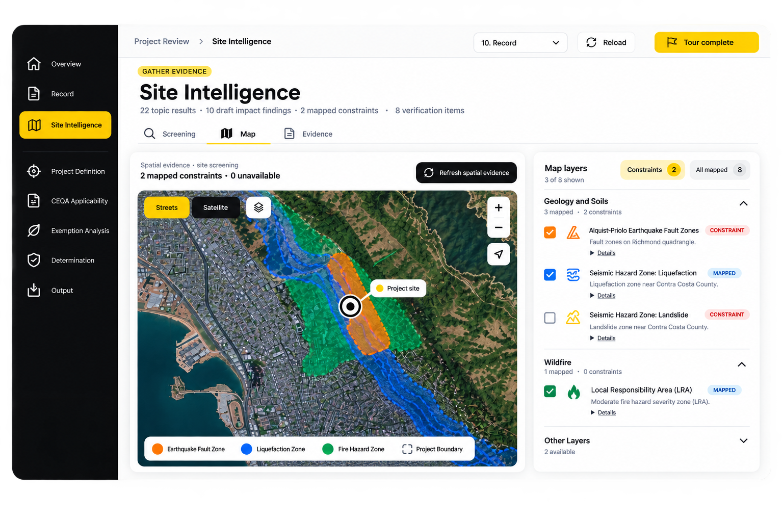 Site Intelligence map showing mapped environmental constraints for a project site
