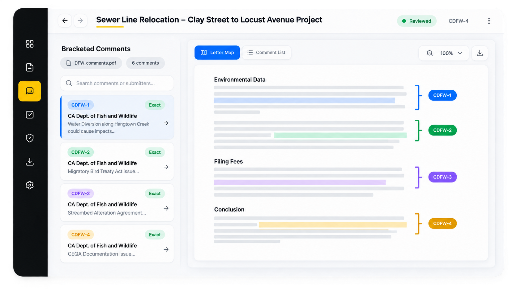 CARA bracketed comments showing public comment letters mapped to agency issues by color-coded section