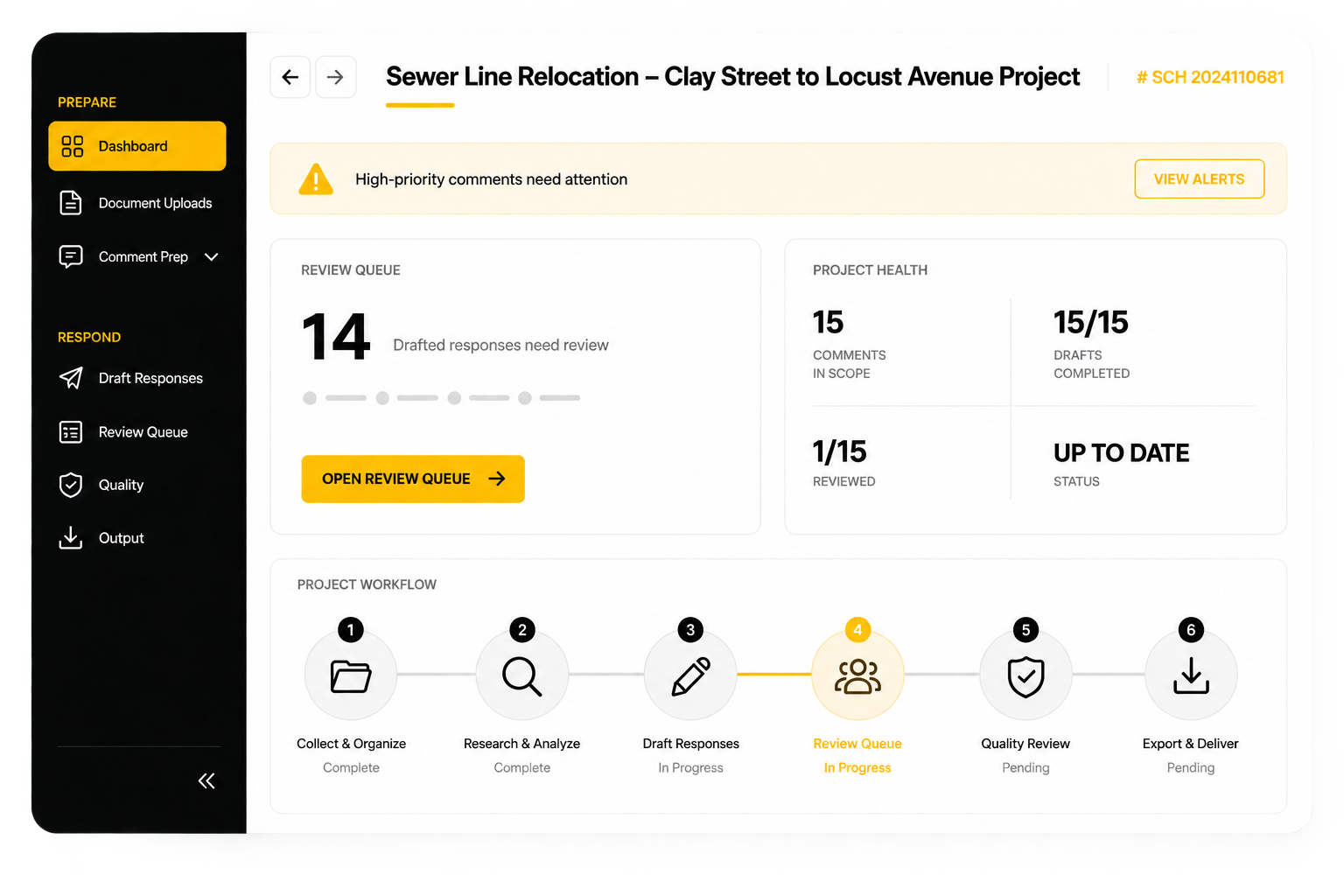 Envisor project dashboard showing review workflow progress, open comments, and project health